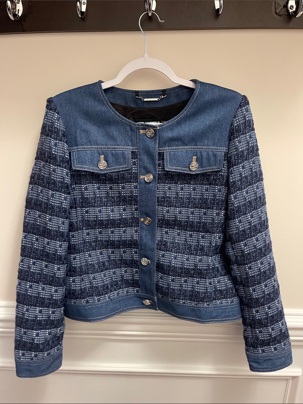 Karl Lagerfeld Navy Tweed & Denim-Trim Jacket
